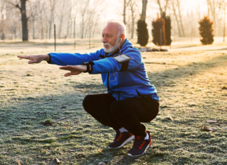 The Power Of Habits In Later Life Elderly man doing a squat as exercise